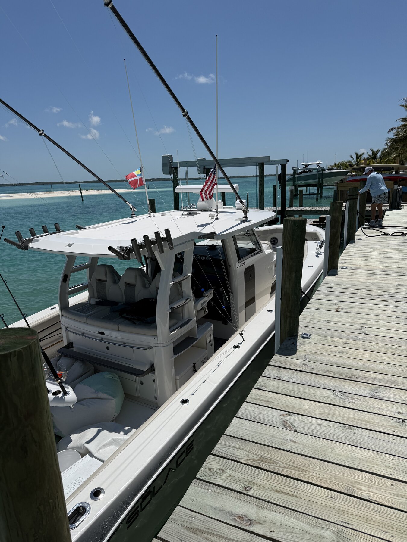 Deli's Dream, a 41' Solace sportfishing boat, docked in Treasure Cay, Bahamas